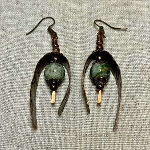 Hand Stamped Copper & Green Jasper Artisan Dangle Earrings